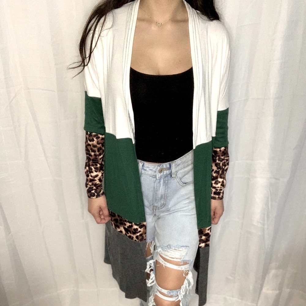 Leopard print/ green cardigan